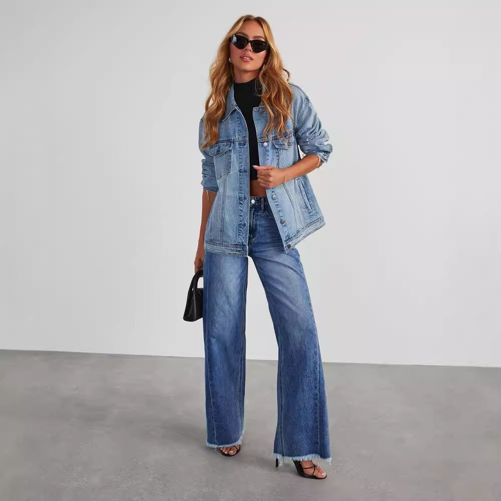 Women’s Wide-Leg Jeans – Washed Denim – Relaxed Fit – High Waist – Frayed Hem