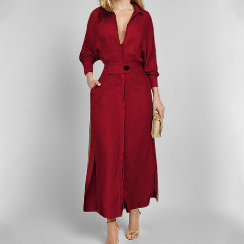 Women’s Shirt Dress – Tailored Fit – V-Neck – Linen – Asymmetrical Hem – Long Sleeve