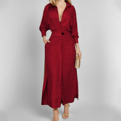 Women’s Shirt Dress – Tailored Fit – V-Neck – Linen – Asymmetrical Hem – Long Sleeve
