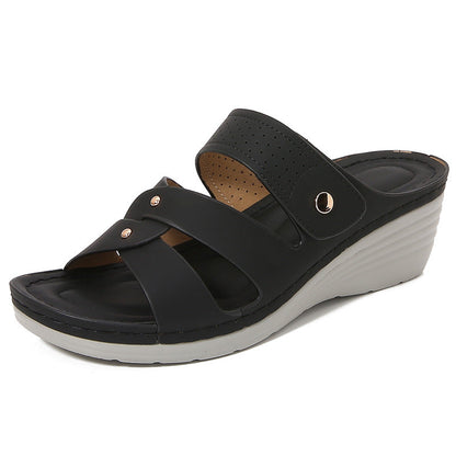 Women’s Wedge Sandals – Slip-On Design – Open Toe – Rivet Straps – Cushioned Footbed