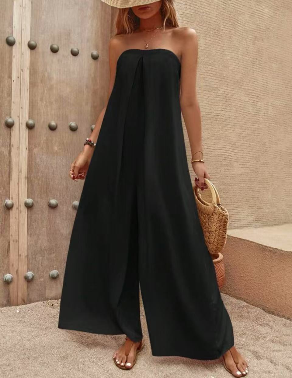 Women’s Jumpsuit – Strapless Bandeau Top – Relaxed Fit – Wide Leg – Lightweight Fabric