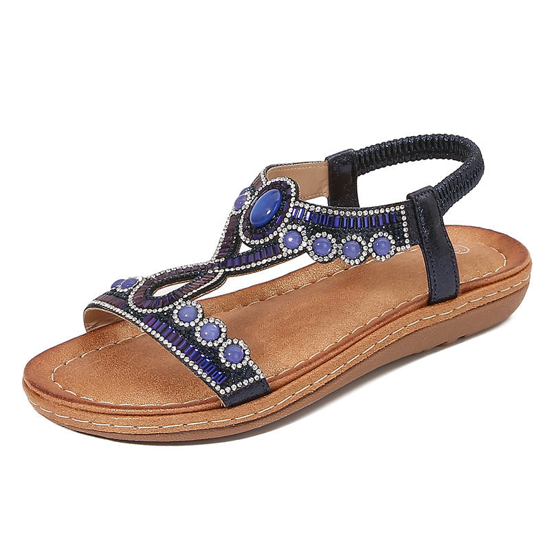 Women’s Thong Sandals – Flat Sole – Cushioned Footbed – Boho Crystal Embellished