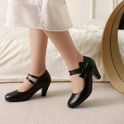 Women’s High Heel Shoes – Dual Strap – Bow Detail – Low-Cut Vamp – Sleek Finish