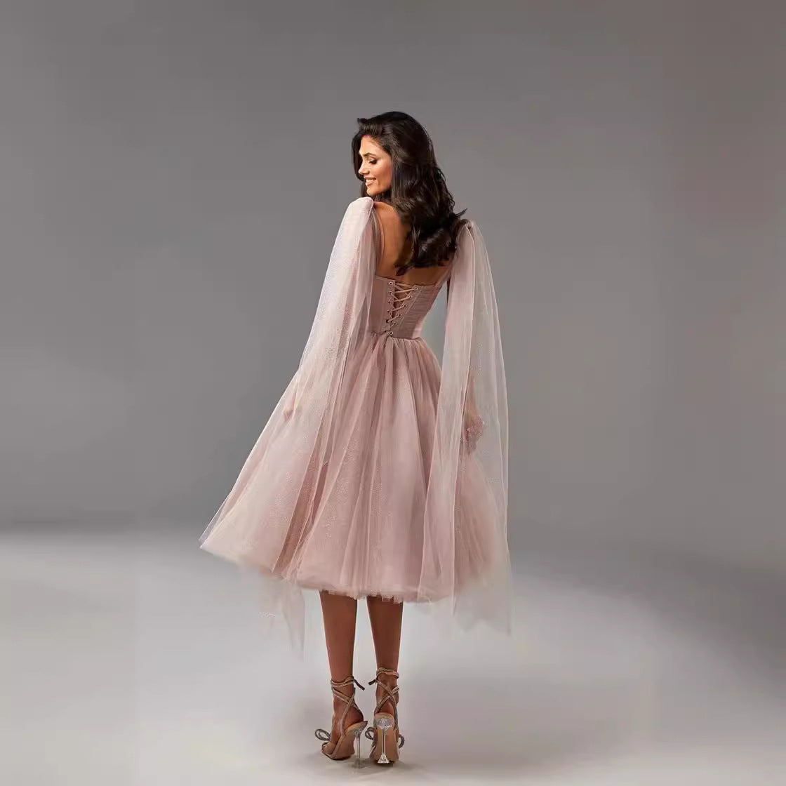 Women’s Evening Dress – A-Line Silhouette – Sheer Overlay – Backless – Fitted Bodice