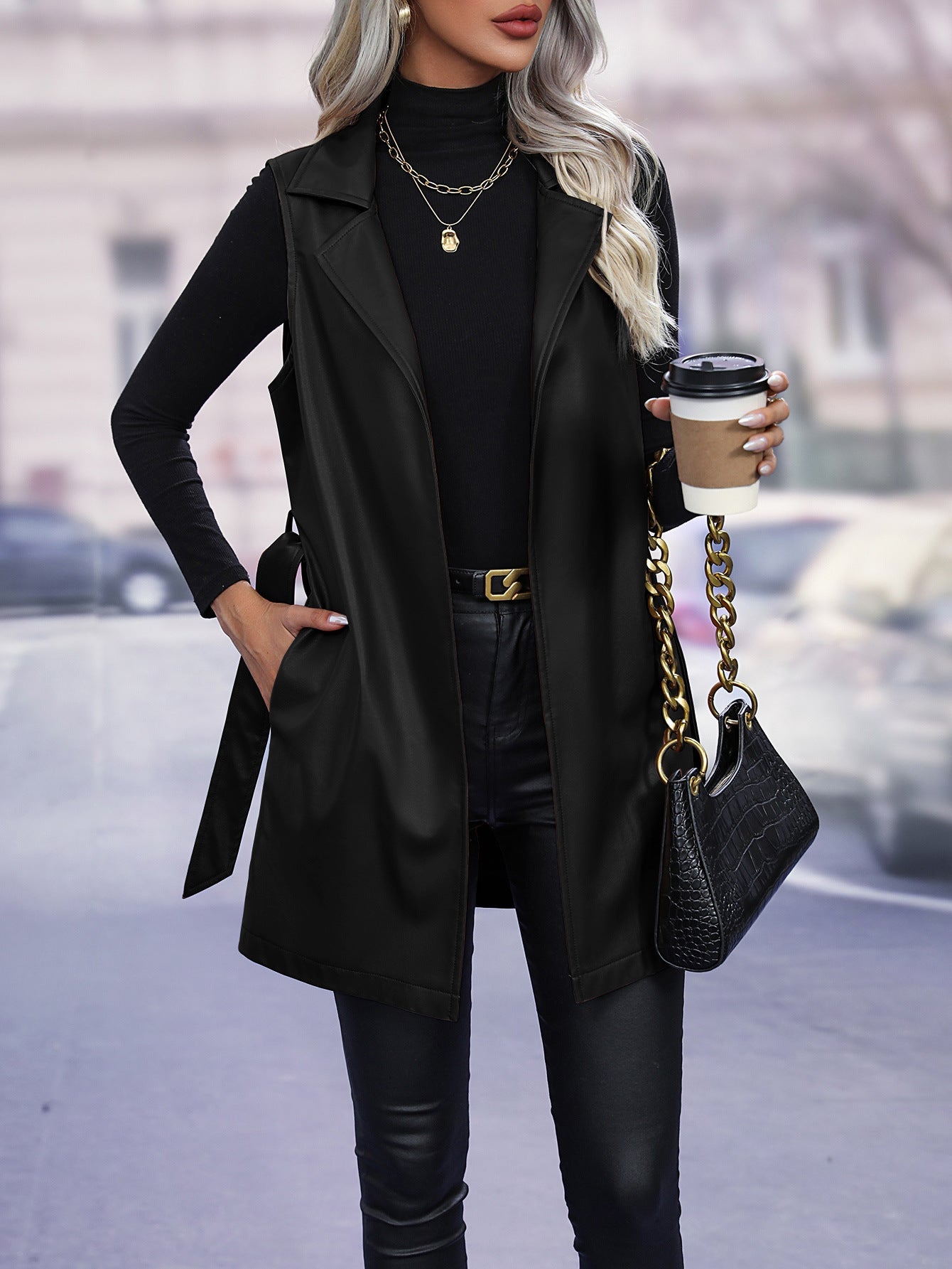 Women’s Vest Jacket – Tailored Fit – Faux Leather Look – Tie Waist – Sleeveless Layering