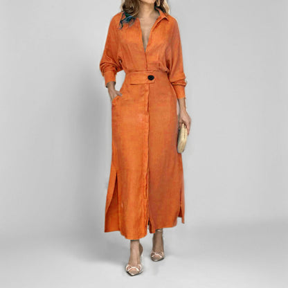 Women’s Shirt Dress – Tailored Fit – V-Neck – Linen – Asymmetrical Hem – Long Sleeve