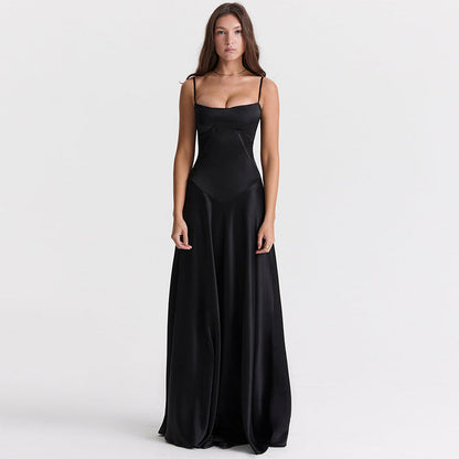 Women’s Evening Gown – Satin Full Length – A-Line Fit – Spaghetti Straps – Cut-Out Waist