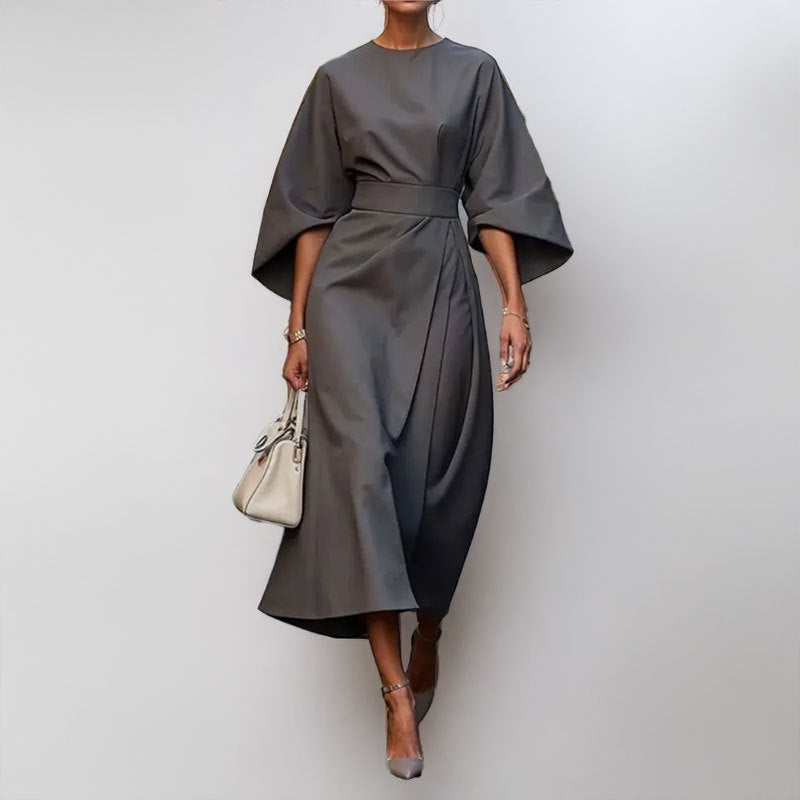Women’s Long Dress – Satin Finish – Batwing Sleeve – Fitted Waist – Formal Wear