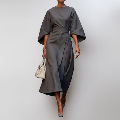 Women’s Long Dress – Satin Finish – Batwing Sleeve – Fitted Waist – Formal Wear