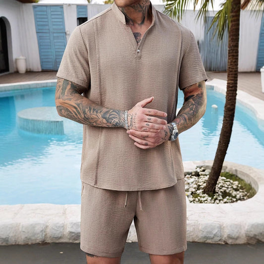 Men’s Henley Shirt and Shorts Set – Cotton – Relaxed Fit – Drawstring Waist Casual Wear