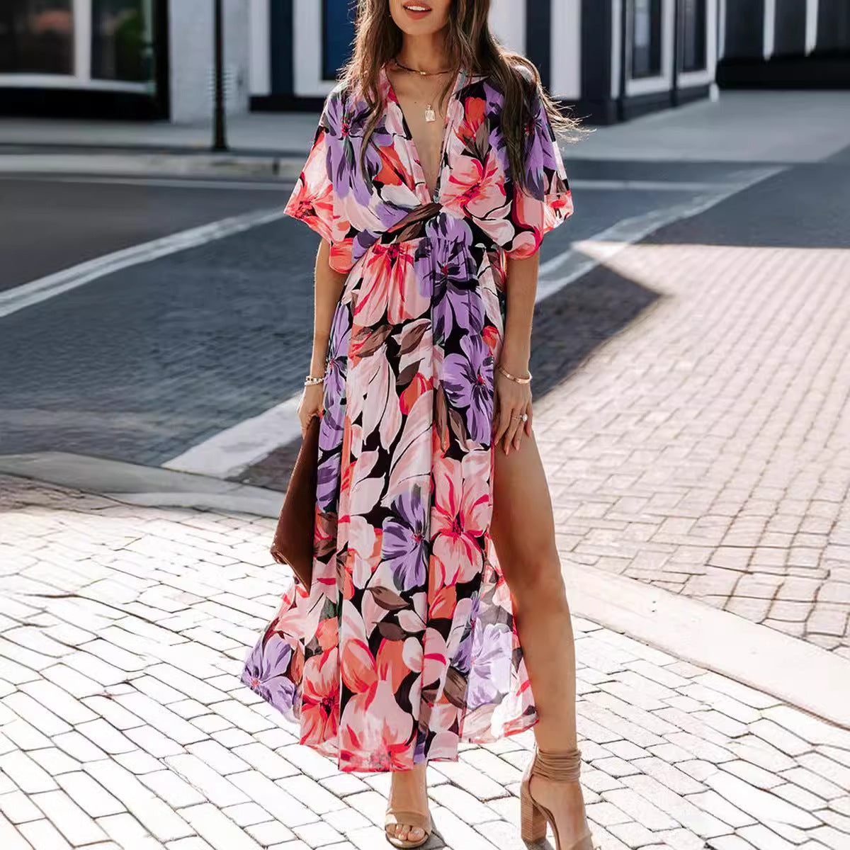 Women's Maxi Dress – Wrap V-Neck – High Waist – Short Sleeve – Side Slit Floral