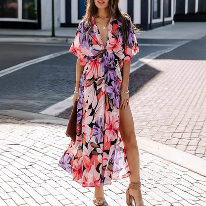 Women's Maxi Dress – Wrap V-Neck – High Waist – Short Sleeve – Side Slit Floral