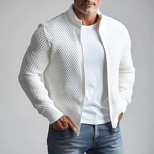 Men’s Knitted Jacket – Slim Fit – Mesh Texture – Stand Collar – Zipper Front