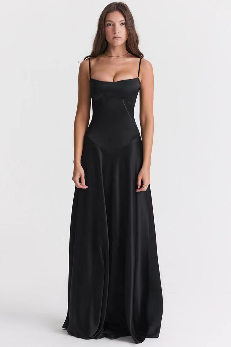 Women’s Evening Dress – Satin – A-Line Fit – Spaghetti Strap – Open Back – Floor Length