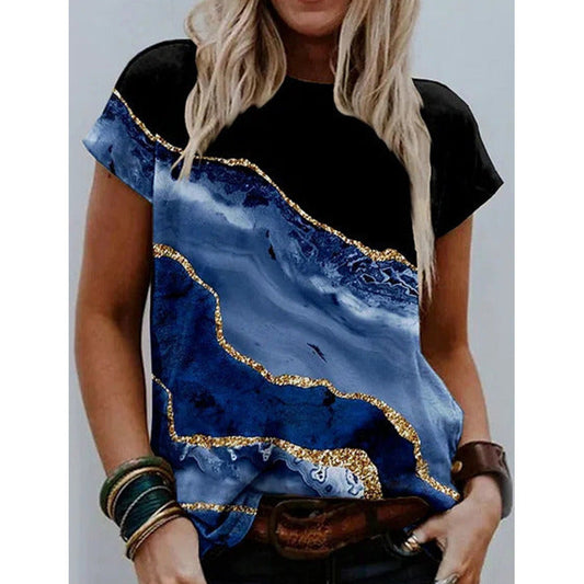 Women’s Short Sleeve Top – Relaxed Fit – Artistic Print – Breathable Natural Fibers