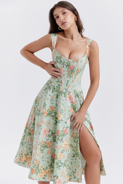 Women's Dress - Floral Print - Corset Bodice - Side Slit - Sleeveless