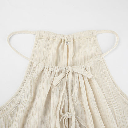 Women’s Two-Piece Set – Linen Blend – Tie Front Crop Top – Wide-Leg Drawstring Pants