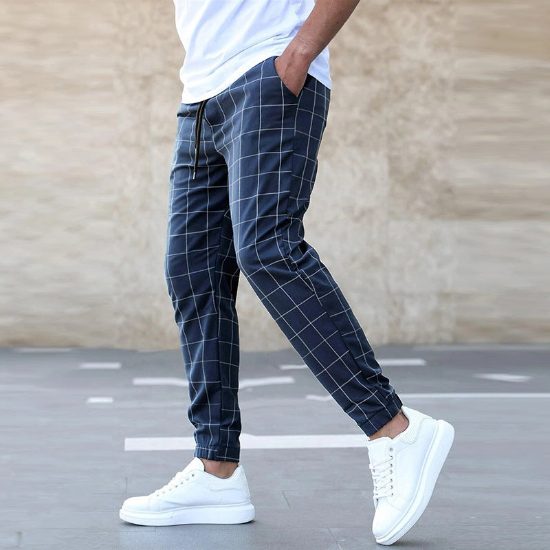 Men’s Jogger Pants – Cotton Blend – Tapered Fit – Grid Pattern – Elastic Waist