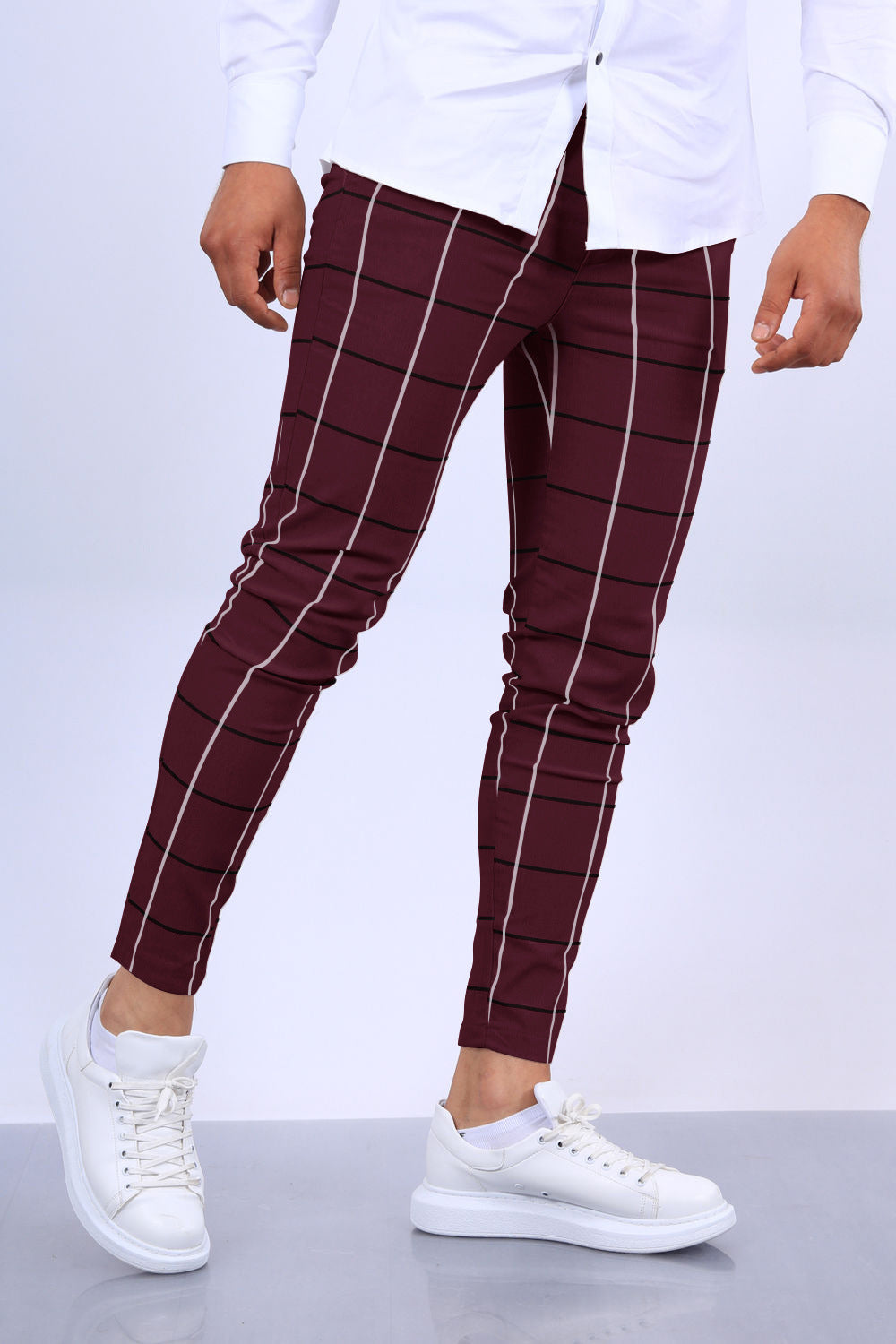 Men’s Slim Fit Pants - Cotton - Ankle Length - Windowpane Plaid Pattern