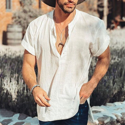 Men’s Short Sleeve Shirt – Relaxed Fit – V-Neck – Natural Fibers – Breathable Casual Wear