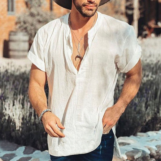 Men’s Short Sleeve Shirt – Relaxed Fit – V-Neck – Natural Fibers – Breathable Casual Wear