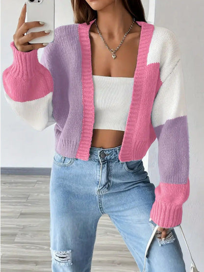 Women’s Cardigan – Cropped Fit – V-Neck – Balloon Sleeve – Soft Ribbed Texture