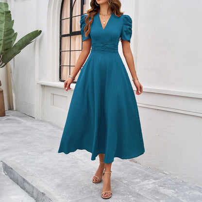 Women’s Midi Dress – Fit and Flare – V-Neck – Puff Sleeve – Ruched Waist Elegant Fit