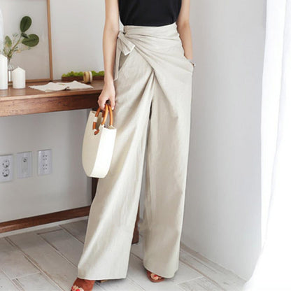 Women’s Wide-Leg Pants – High Waist – Tie Waistband – Lightweight Cotton – Full Length