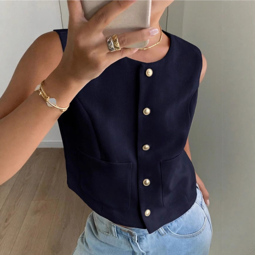 Women’s Cropped Vest – Structured Fit – Button Front – Cotton Blend