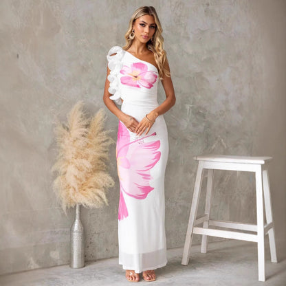 Women’s One-Shoulder Dress – Slim Fit – Ruffled Shoulder – Floral Print – Full Length