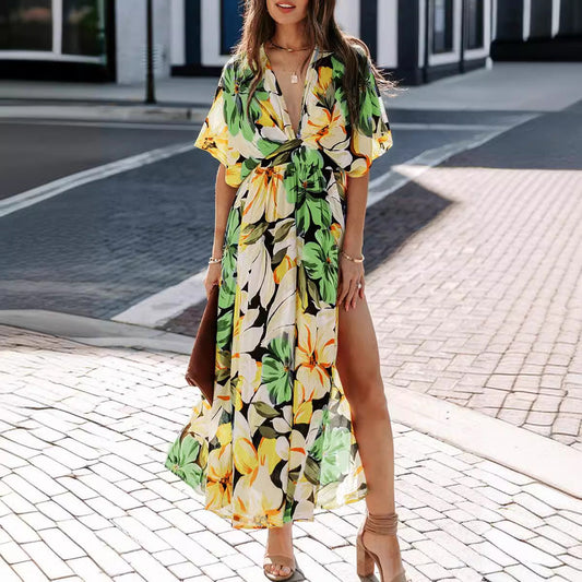 Women's Maxi Dress – Wrap V-Neck – High Waist – Short Sleeve – Side Slit Floral