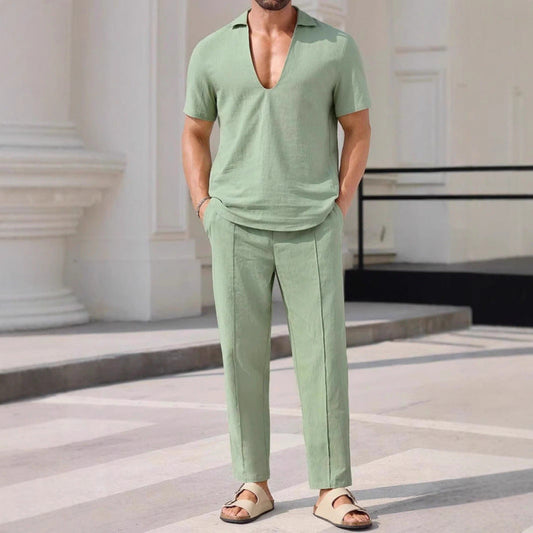 Men’s Two-Piece Set – Linen Blend – Relaxed Fit – V-Neck Short Sleeve Shirt & Pants