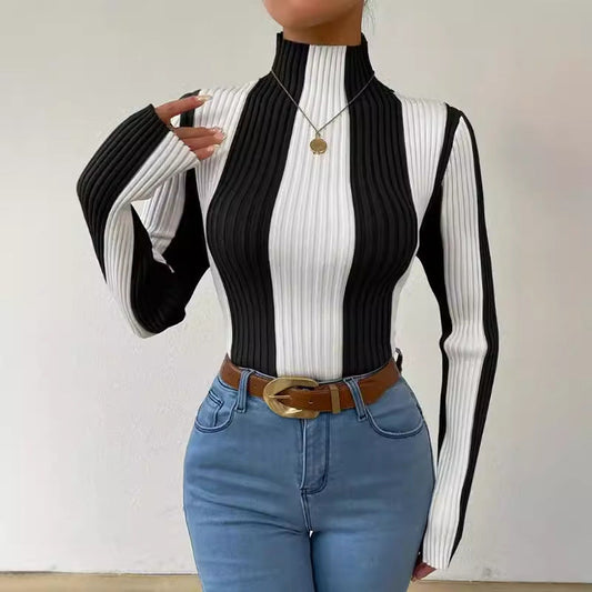 Women’s Knit Top – Slim Fit – Ribbed Texture – Mock Neck – Long Sleeve Soft Knit
