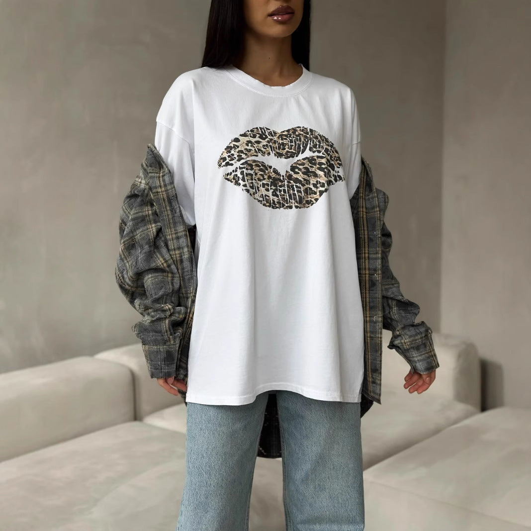Women’s Graphic T-Shirt – Loose Fit – Cotton Blend – Leopard Lips Print – Casual Wear