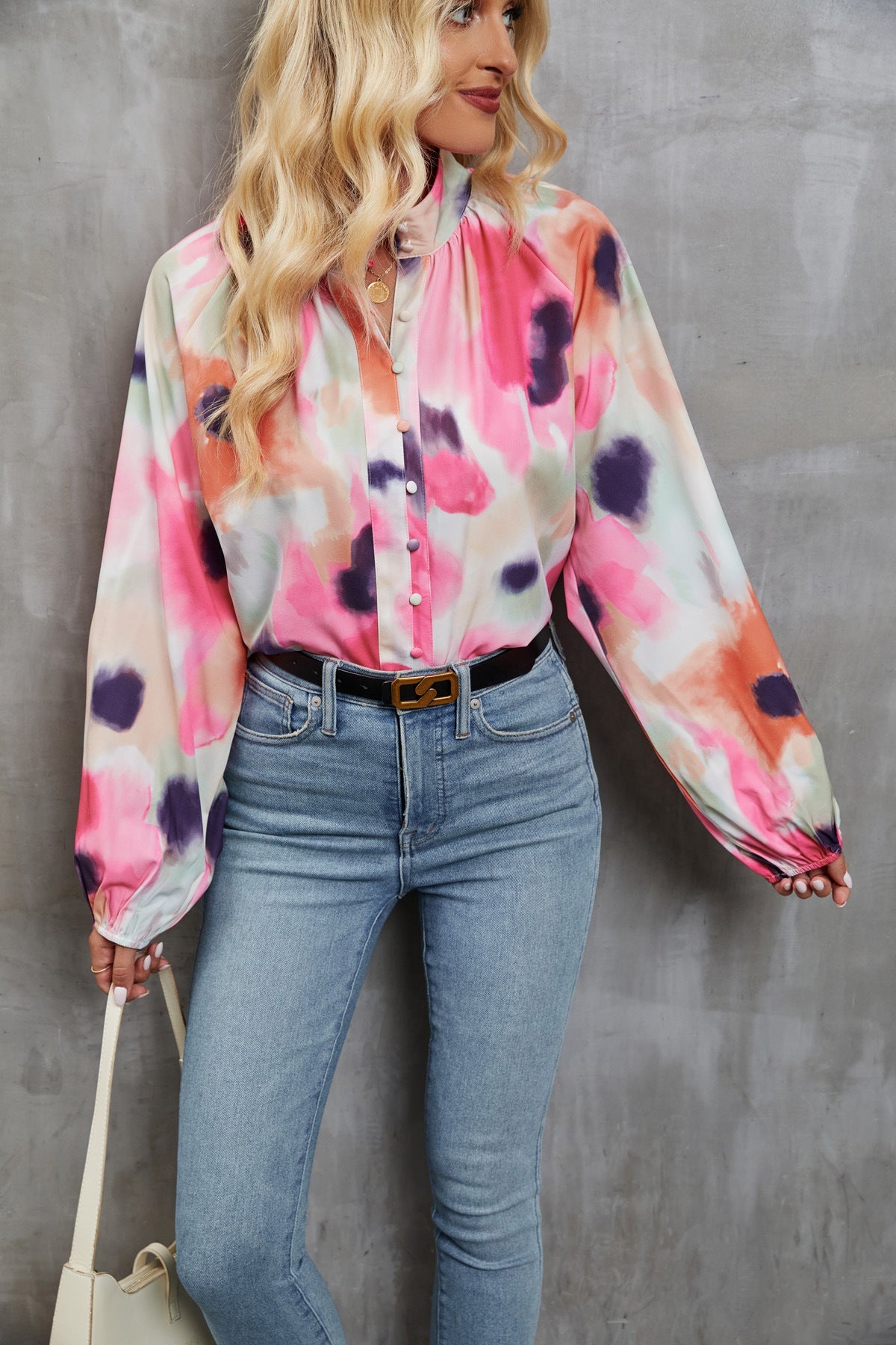 Women’s Long Sleeve Shirt – Relaxed Fit – Button Down – Artistic Print – Lightweight