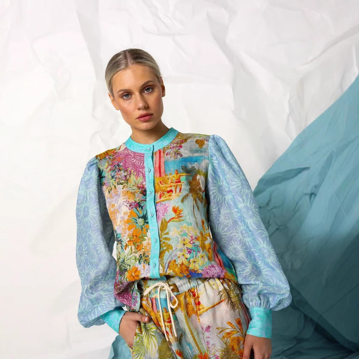 Women’s Linen Shirt and Shorts Set – Relaxed Fit – Button-Up – Drawstring Waist – Floral Pattern