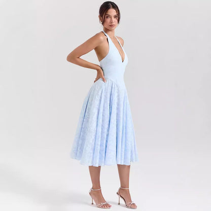 Women’s Halter Dress – Satin-Like Fabric – Slim Fit – A-Line Midi – Deep V-Neck