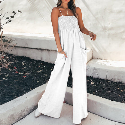 Women’s Jumpsuit – Relaxed Fit – Wide Leg – Ruched Bodice – Spaghetti Straps – Pockets