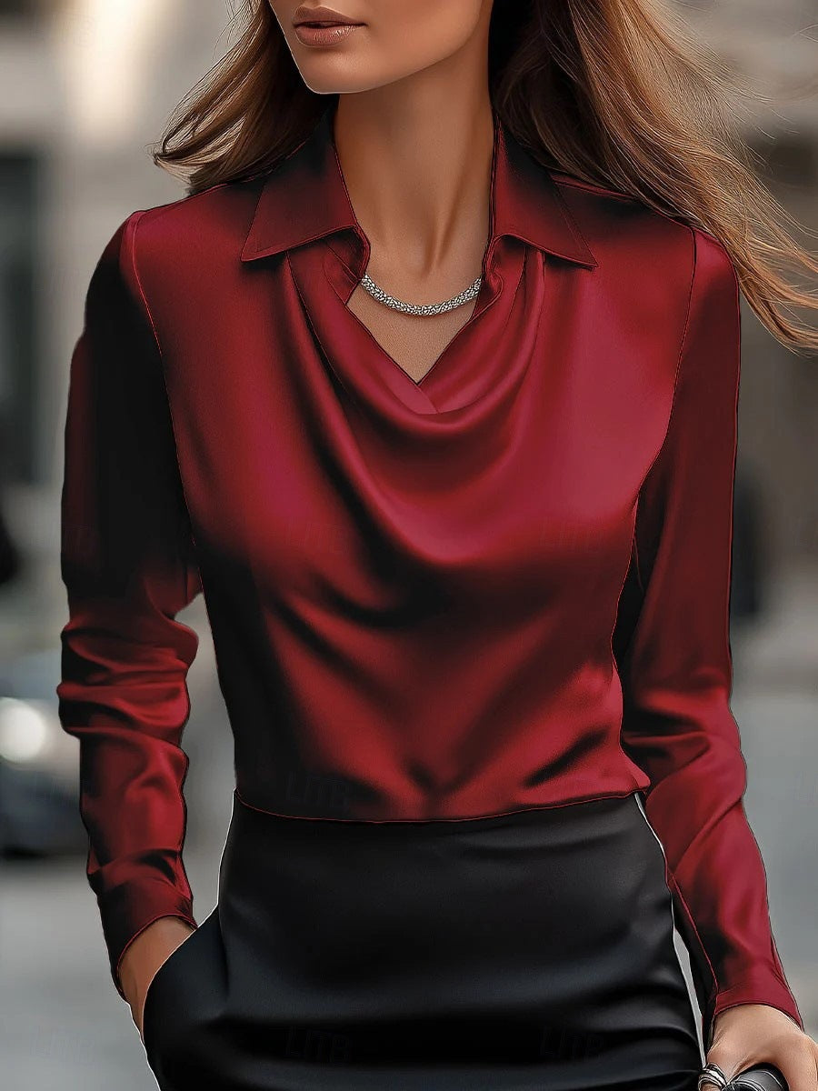 Women’s Blouse – Tailored Fit – Draped Cowl Neck – Long Sleeve Elegant Shirt