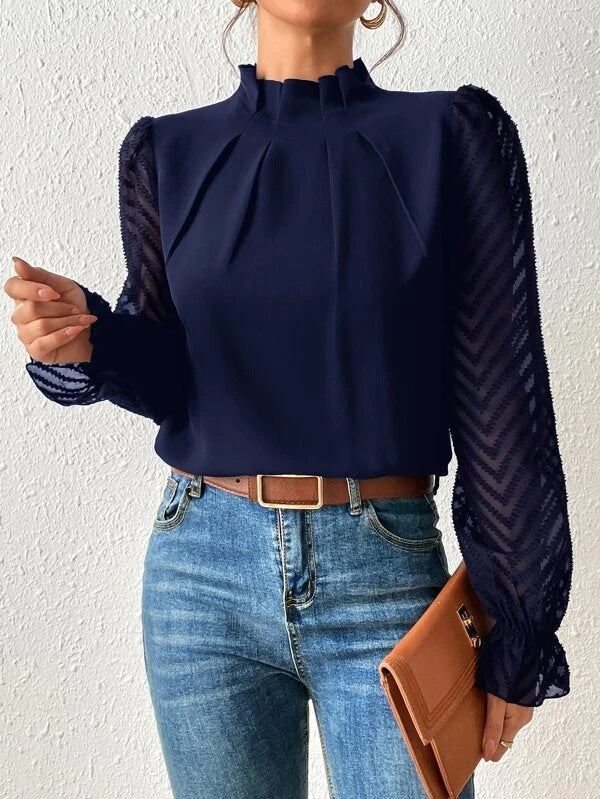Women’s Blouse – Relaxed Fit – High Neck – Sheer Sleeves – Soft Silk Feel
