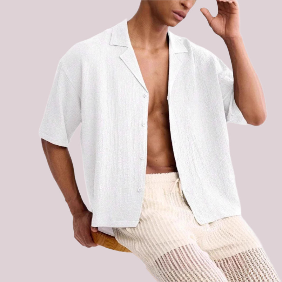 Men’s Short Sleeve Shirt – Relaxed Fit – Textured Cotton Blend – Button Up Casual