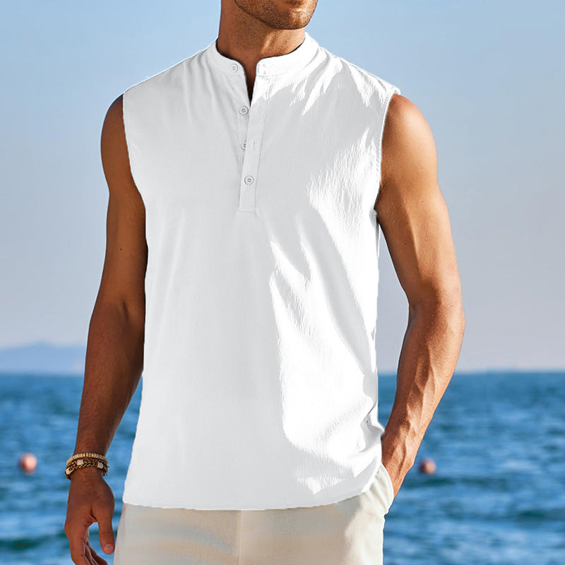 Men’s Sleeveless Vest – Cotton Blend – Mandarin Collar – Casual Fit – Half Button