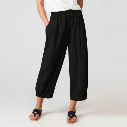 Women’s Harem Pants – Cotton Linen Blend – High Waist – Cropped Loose Fit – Elastic Waistband