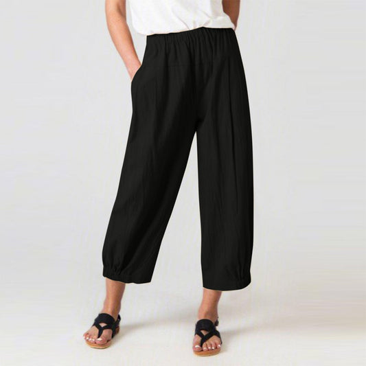 Women’s Harem Pants – Cotton Linen Blend – High Waist – Cropped Loose Fit – Elastic Waistband
