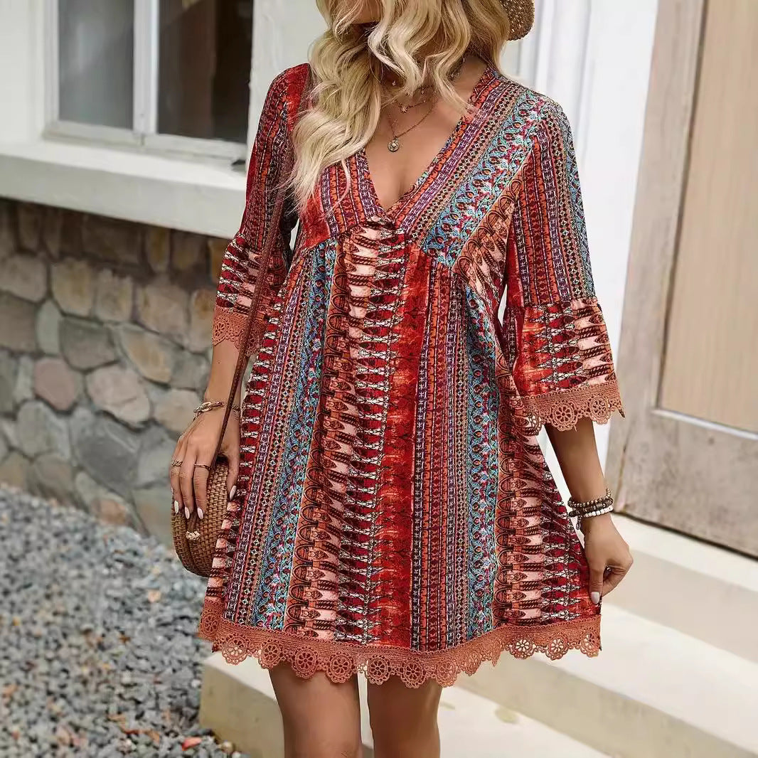 Women’s A-Line Dress – V-Neck Boho Print – Lace Trim – 3/4 Sleeve Breathable Fit