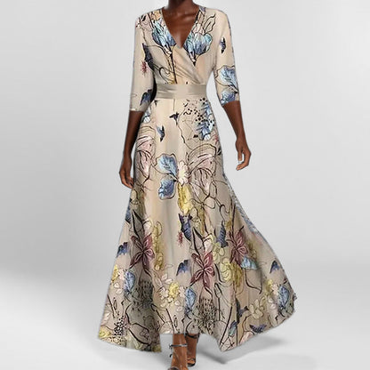 Women’s Maxi Dress – V-Neck – A-Line Fit – Lace-Up Waist – Printed Skirt – Pockets