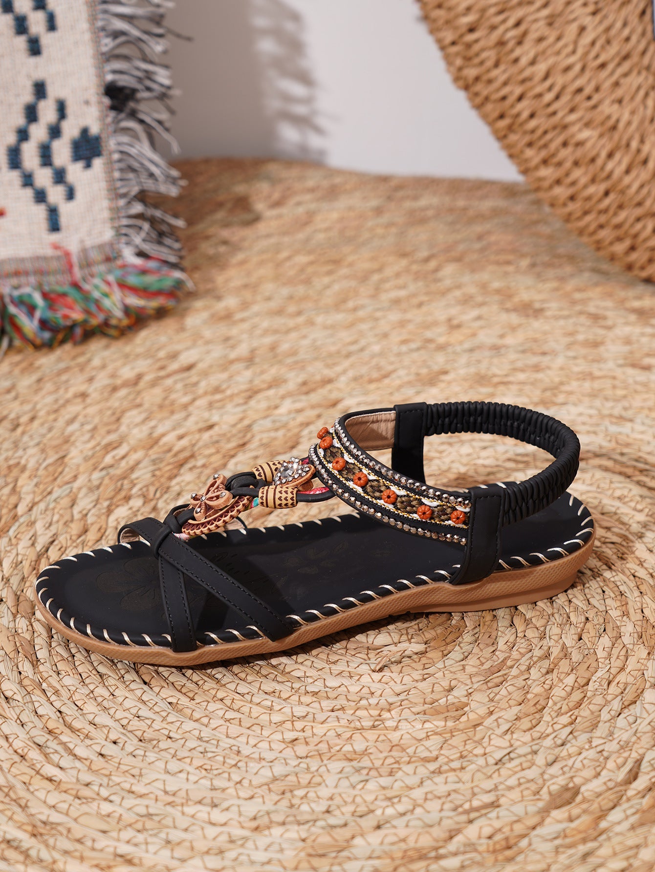 Women’s Flat Sandals – Open Toe – Rhinestone Straps – Boho Braided Detail