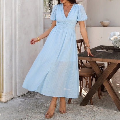 Women’s Maxi Dress – V-Neck – High Waist – Short Sleeve – Button Front – Front Slit
