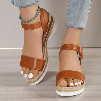 Women’s Wedge Sandals – Open Toe – Jute Platform – Buckle Strap – Casual Style