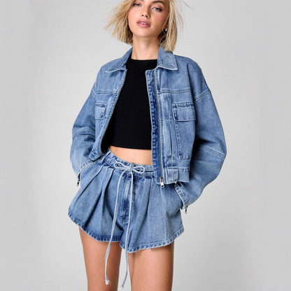 Women’s Denim Jacket – Oversized Fit – Cropped Length – Zip Front – Utility Pockets
